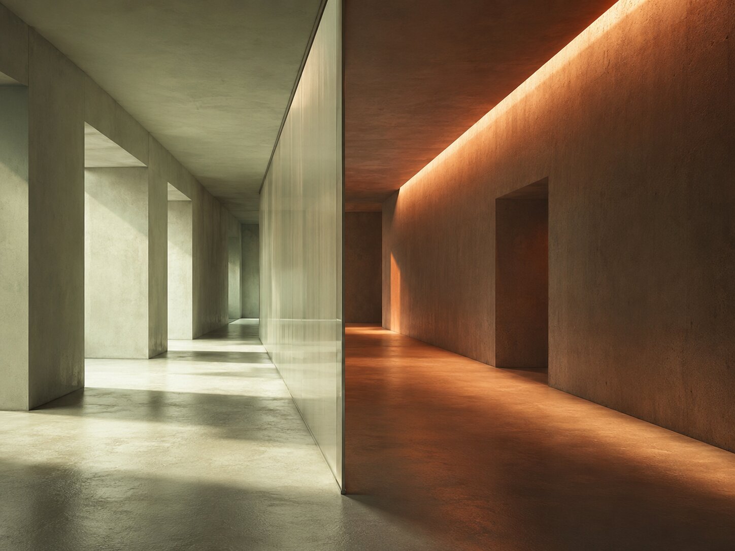 An empty architectural corridor showing two clear visual directions side by side