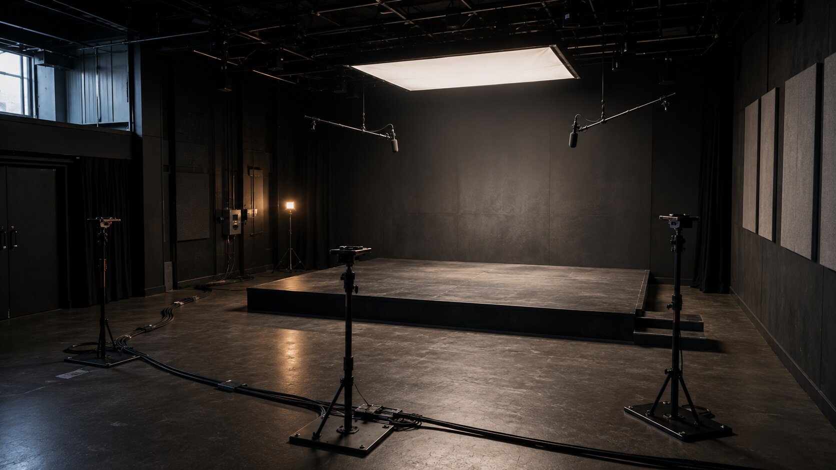 An empty webinar stage is arranged for clean audio, flexible framing, and later reuse, representing campaign planning before the session begins.