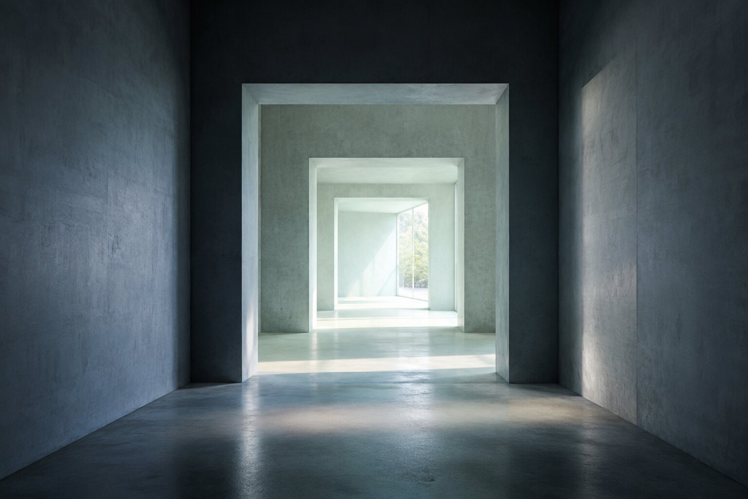 An empty architectural passage guiding a new user from uncertainty toward a clear destination