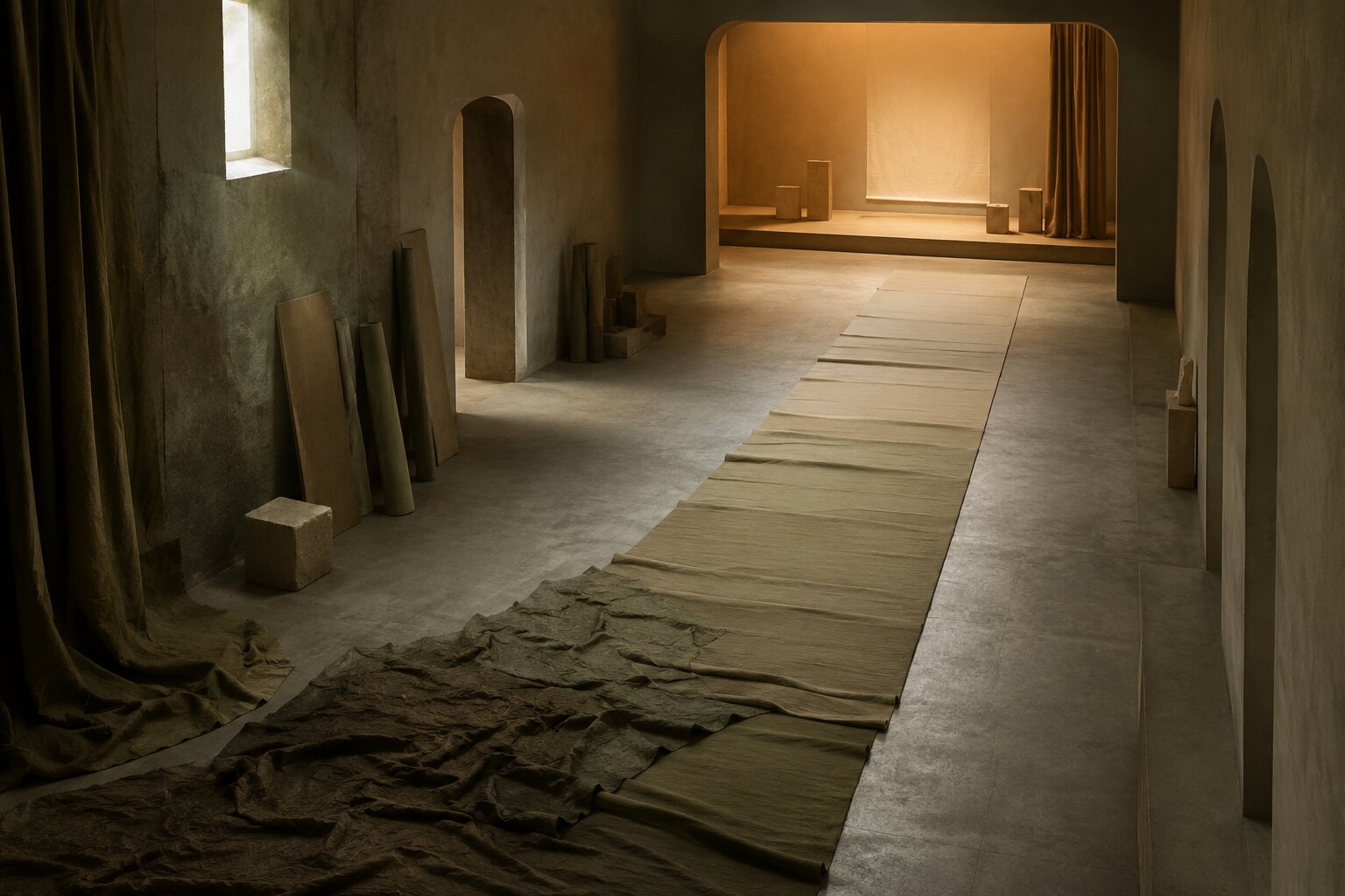 An empty physical creative space showing rough work gradually becoming a finished campaign world