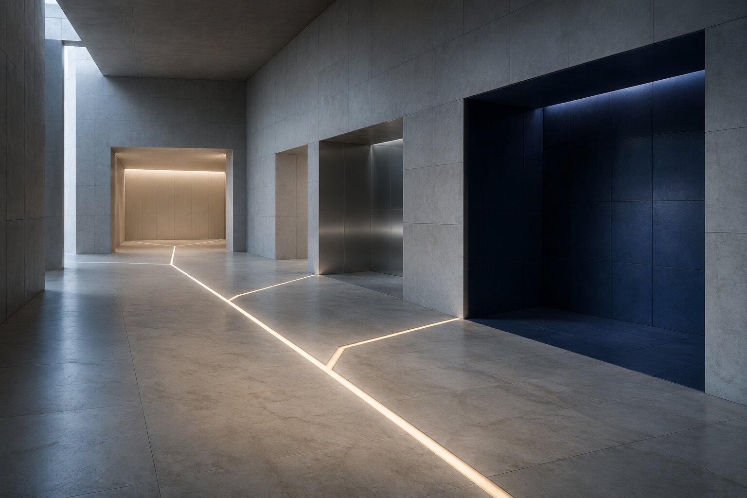 An empty architectural production hall with three distinct delivery paths for creative teams