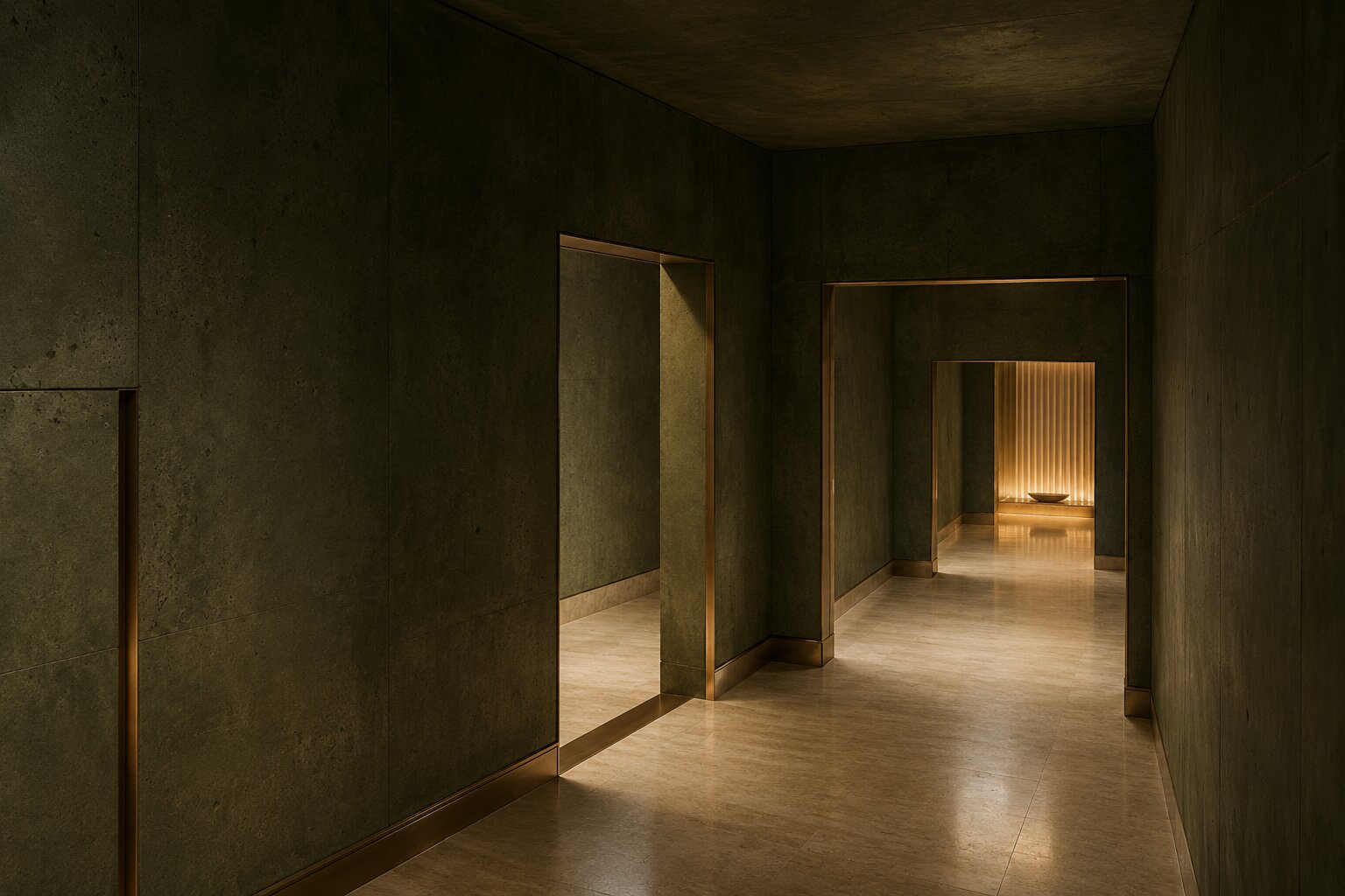 An empty architectural passage gradually revealing a clear destination through successive openings