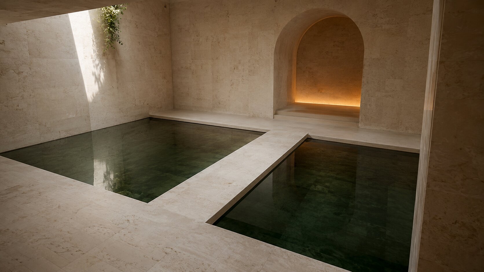 An empty architectural space with a narrow stone crossing leading toward a clearly visible destination