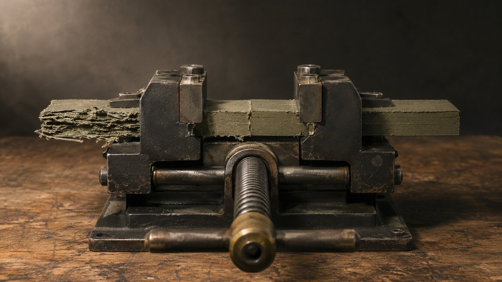 A precision twin-jaw vise applies equal pressure to both sides of one material sample, representing a product claim tested through a fair and visible comparison.