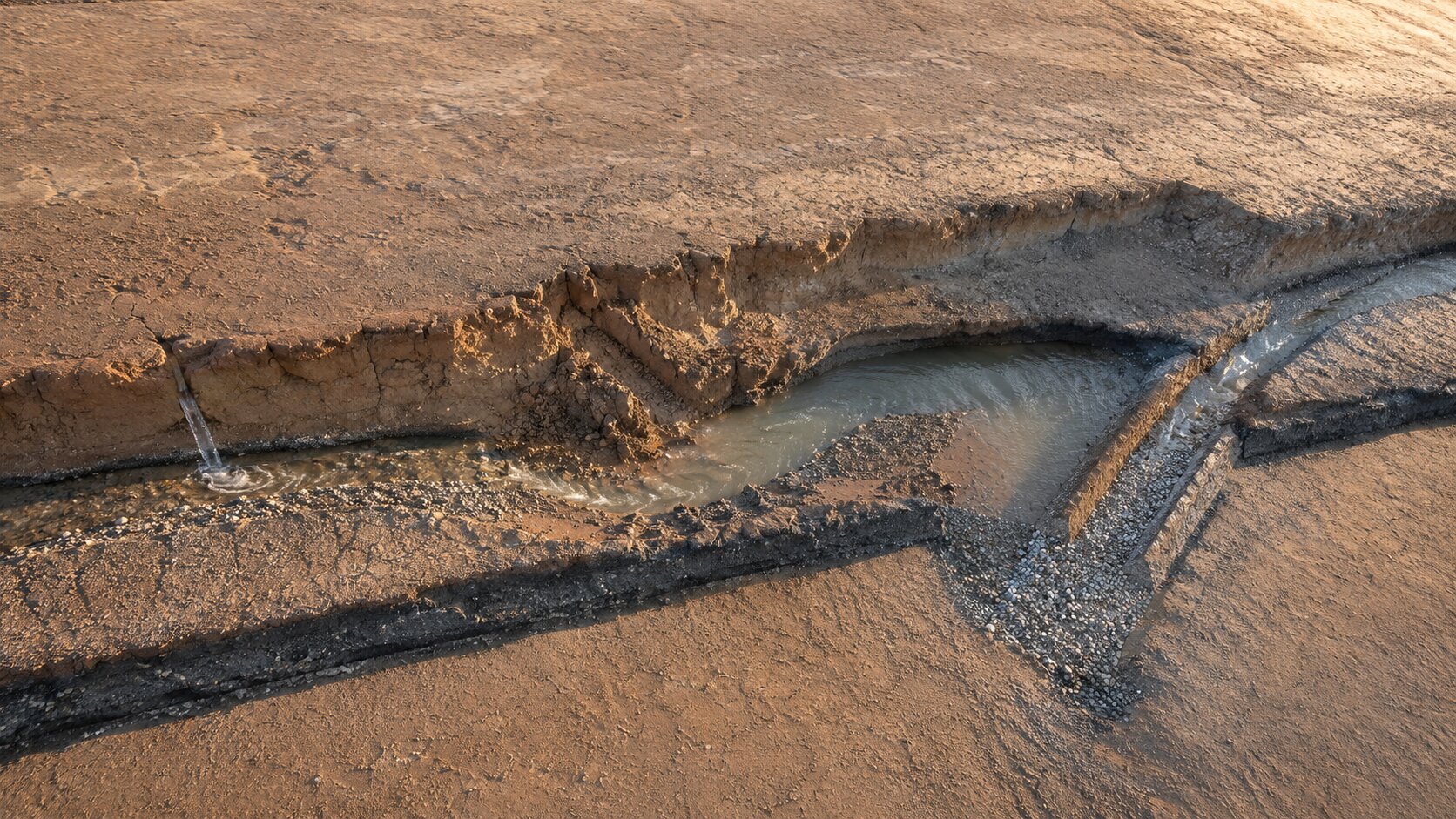 A controlled water channel shows a minor seep widening into destructive erosion before a simple diversion route prevents the final section from losing its defining mineral layer.
