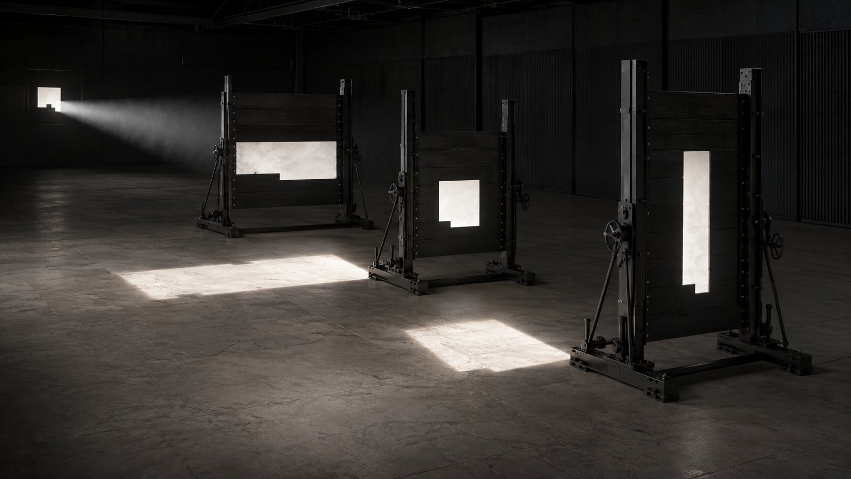 A fixed metal aperture preserves the same defining shape while adjustable shutters recompose its light into different proportions, representing one approved creative direction adapted across multiple asset formats.