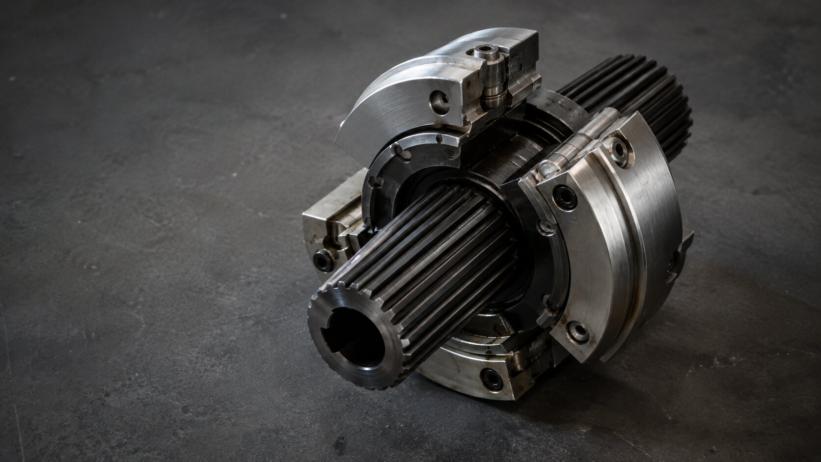 A precision mechanical coupling keeps its hardened central spline unchanged while adjustable outer jaws shift around it, representing verified product facts staying fixed while sales presentation changes for each buyer context.
