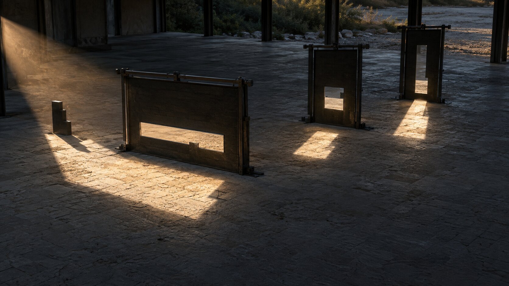 One fixed metal obstruction creates the same distinctive notch inside three differently proportioned fields of light, representing verified evidence preserved while a data story is recomposed for different publishing formats.