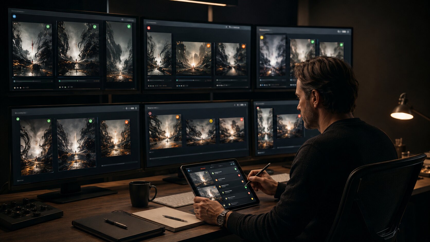 Creative director reviewing AI-generated visuals for consistency before publishing