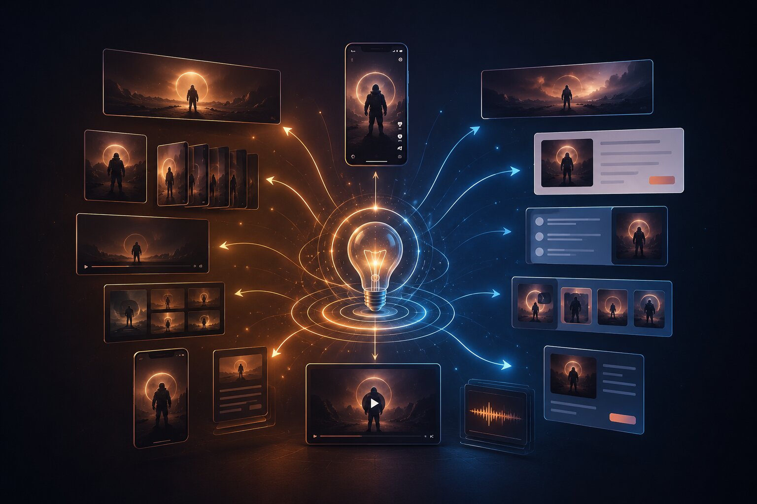 Creative workspace showing one idea being transformed into multiple campaign assets