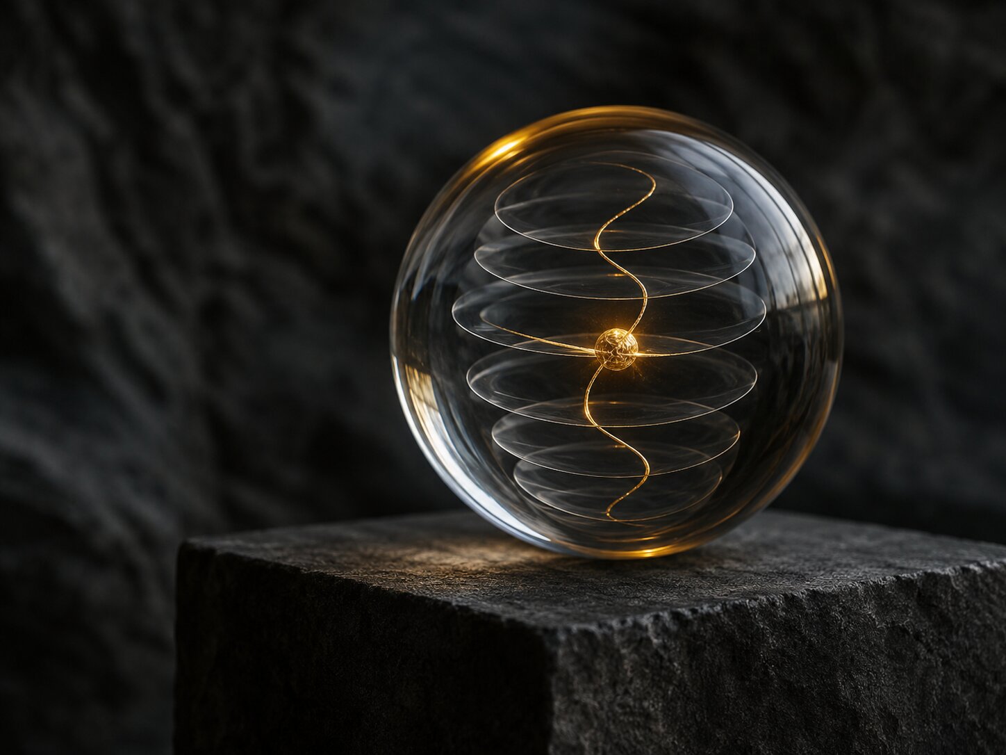 A glass sphere preserving a golden creative thread as a symbol of saved AI iterations