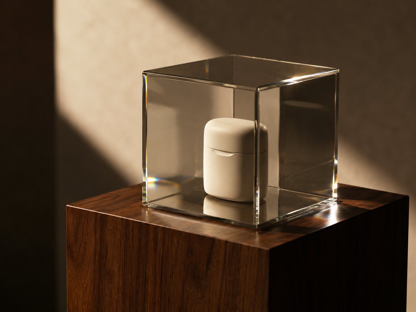 A single glass object showing believable synthetic brand imagery through light, shadow, and material realism