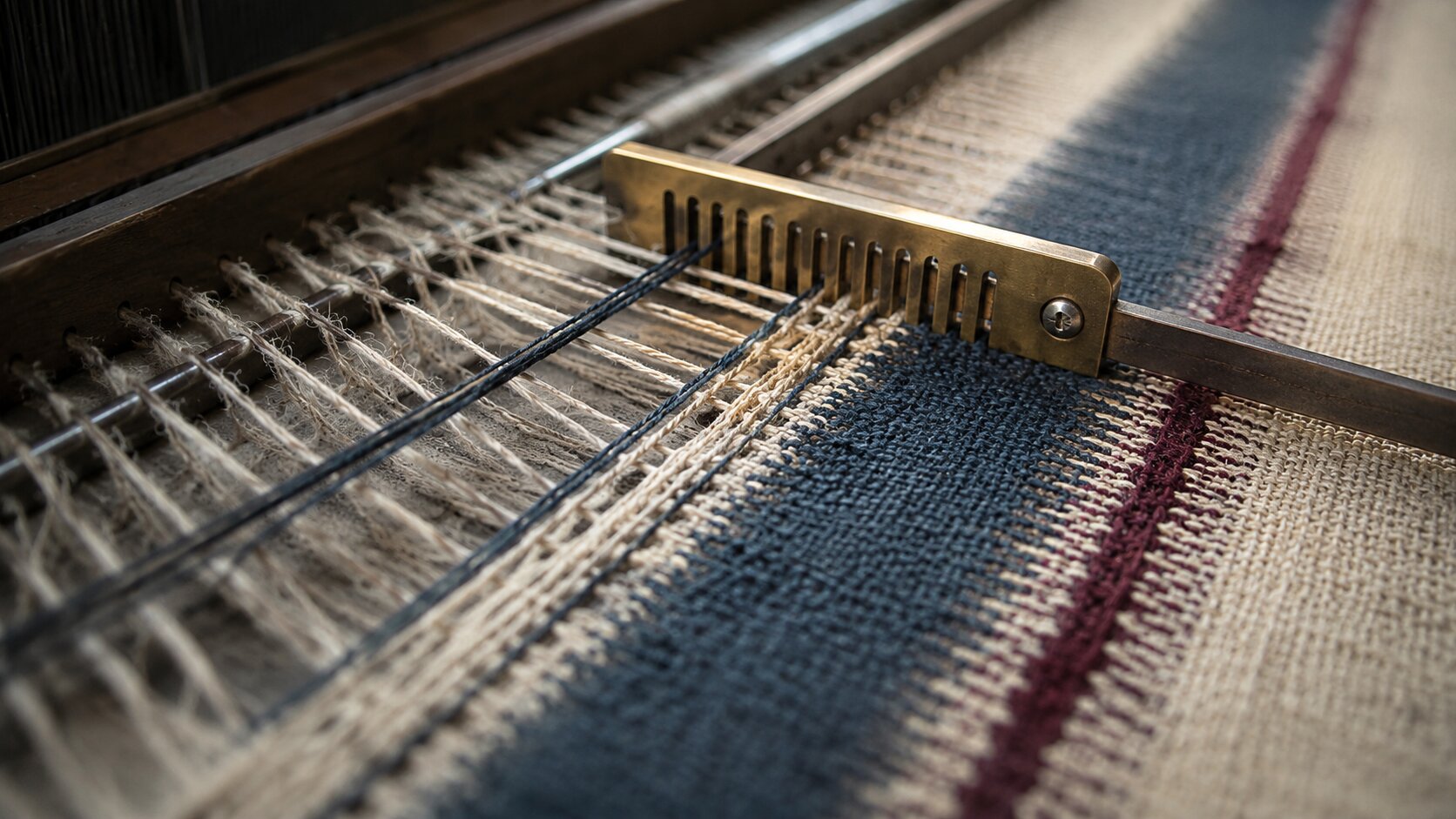 A misaligned thread is redirected before the weave locks, representing review notes becoming repeatable creative rules without removing intentional character.
