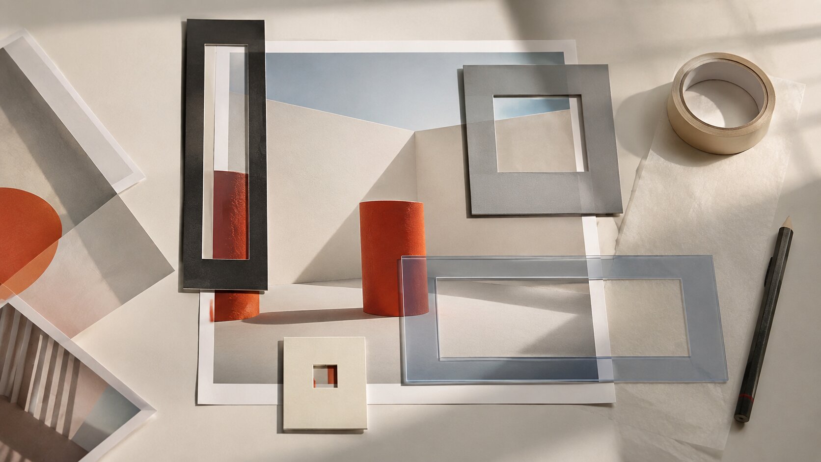 A polished photographic print is tested through several physical crop frames, revealing that the strong hero image breaks down when adapted to different formats.
