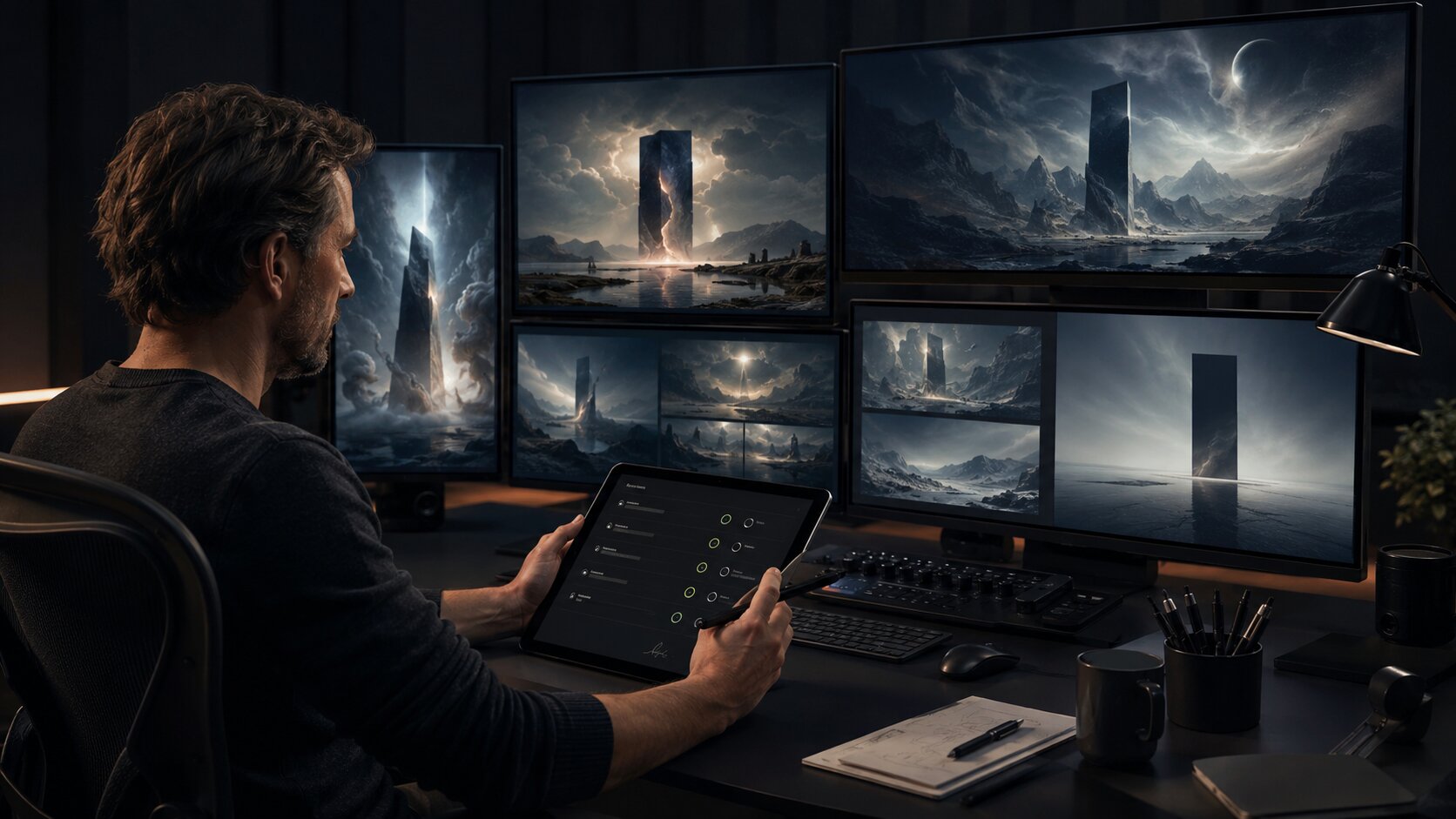Human creator reviewing AI-generated launch assets before publishing