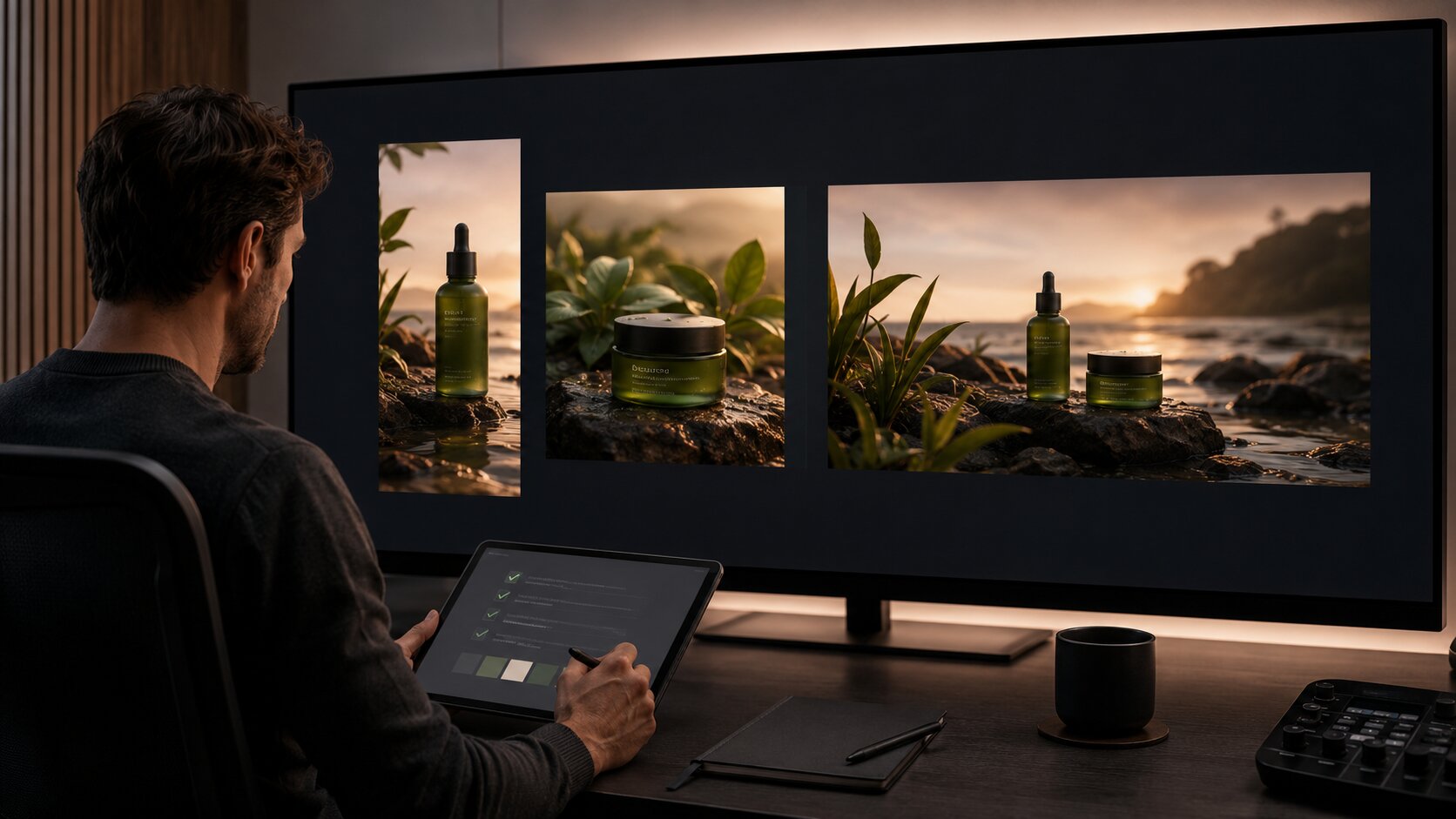 Human creator reviewing AI-refreshed brand assets before publishing