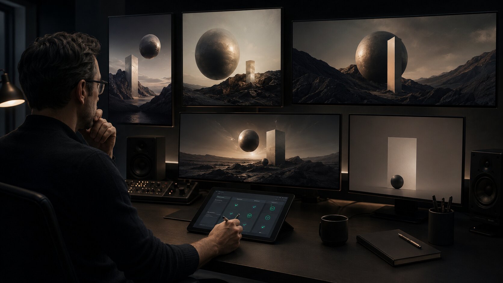 Human creator reviewing AI-generated brand visuals for metaphor consistency before publishing