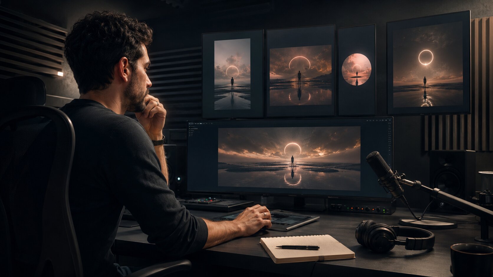 Human creator reviewing an AI-assisted community content system before publishing