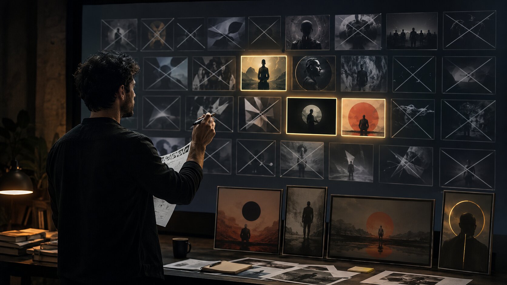 Creator reviewing AI-generated campaign variations and selecting final visual assets