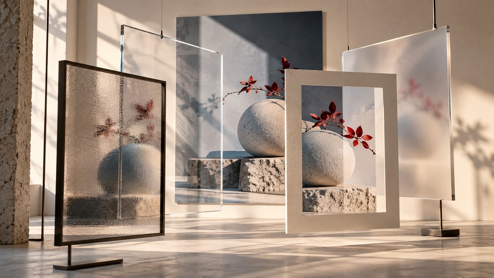 One campaign photograph is viewed through several layered physical frames that reveal different visual qualities from the same source image.
