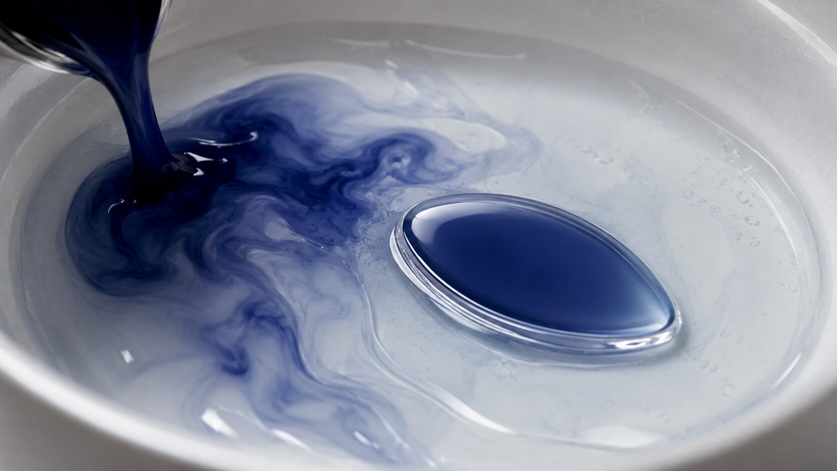 An abstract realistic liquid scene where a cloudy flow settles into one clear stable form