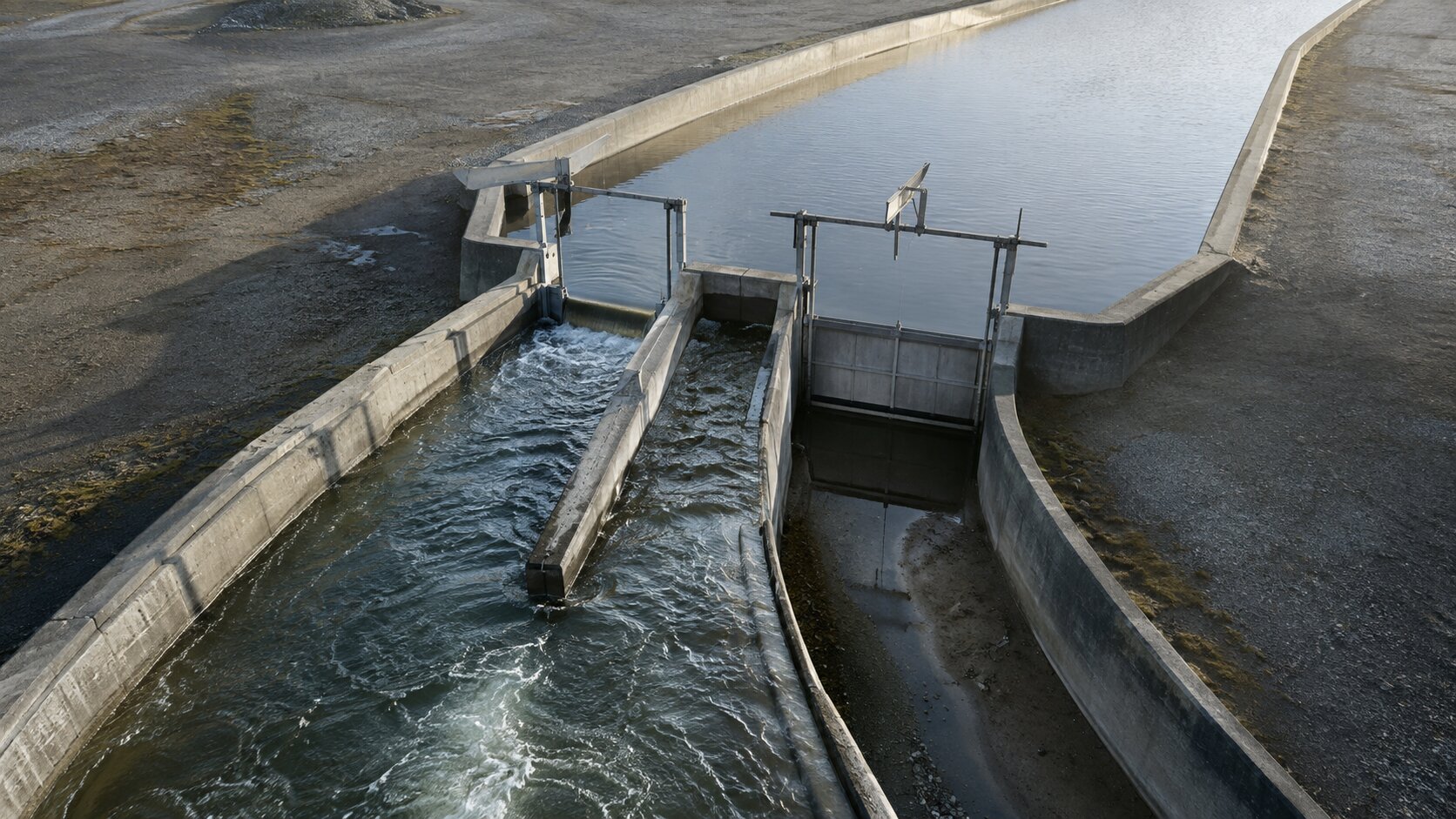 A controlled hydraulic test channel uses preset gates to direct one water flow through approved routes while blocking a waste channel, representing stakeholder decisions made before AI exploration starts.