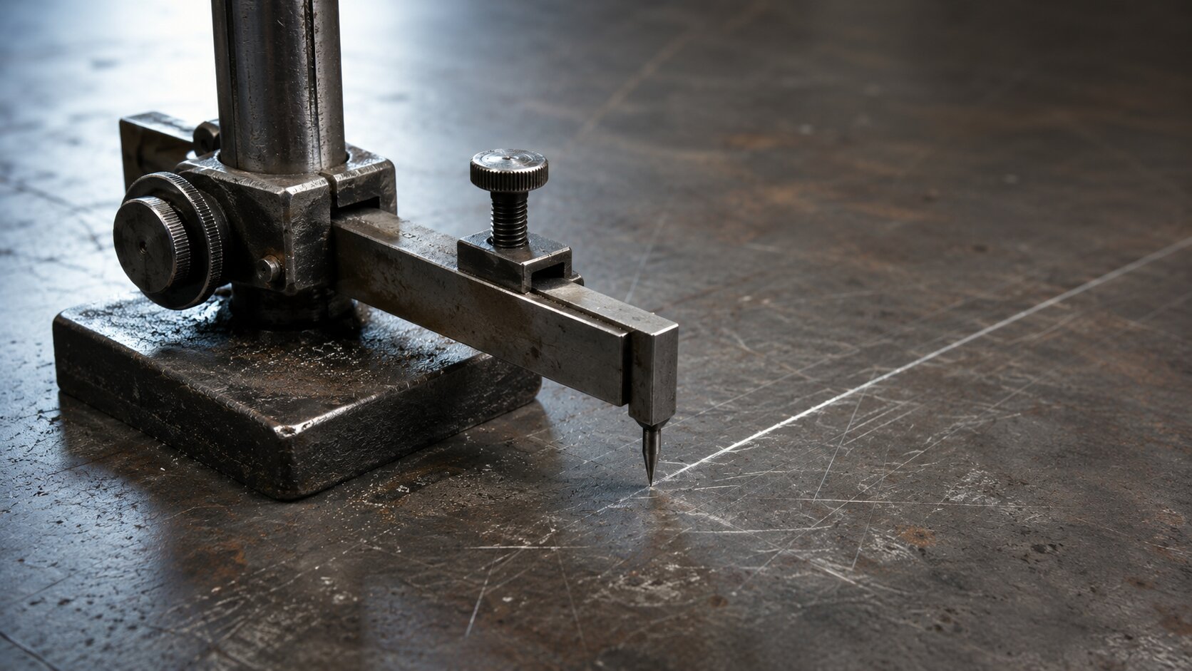 A worn machinist’s marking gauge creates one precise reference line on a rough steel plate, representing the move from a broad keyword to a usable visual brief.