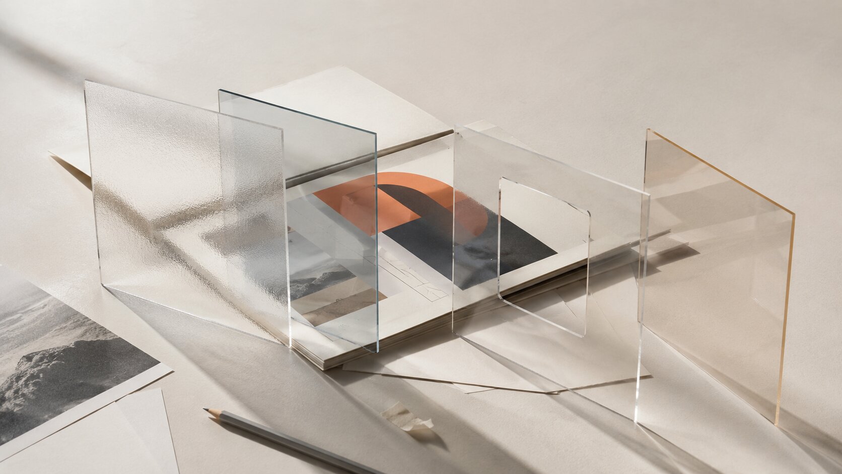 A compact presentation folder passes through several translucent frames while the same central visual remains recognizable from every viewpoint, representing a product story that survives internal handoffs.