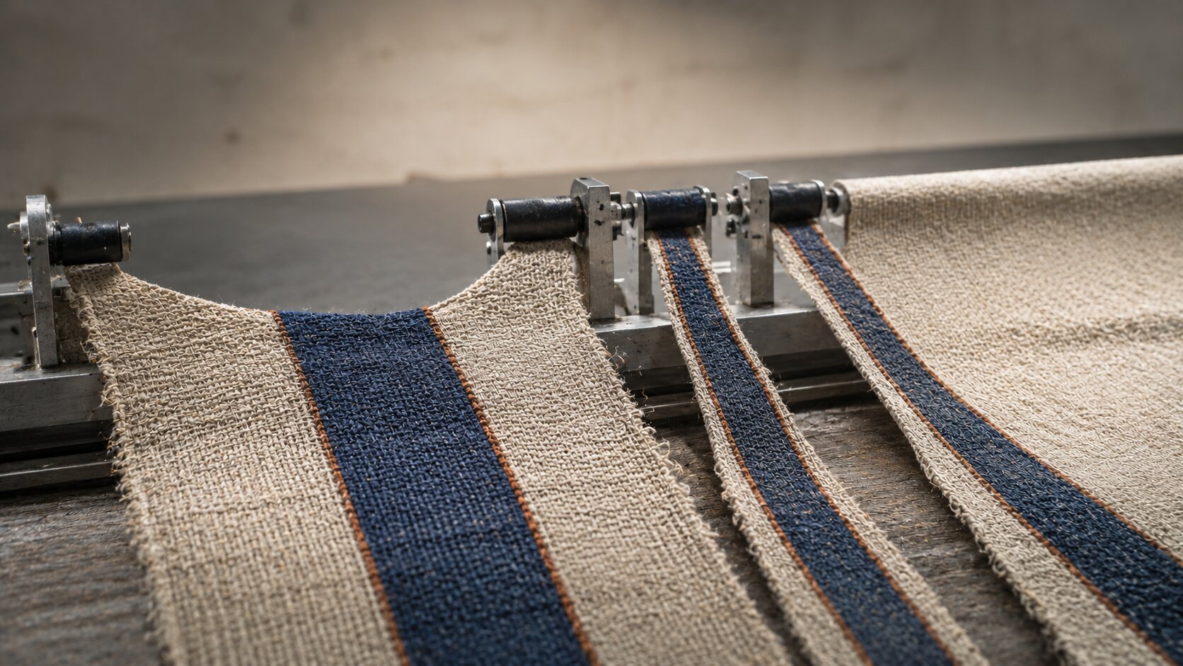 A single woven fabric under controlled tension separates into three distinct proportions without breaking its central pattern, representing one campaign concept adapted correctly for different social placements.