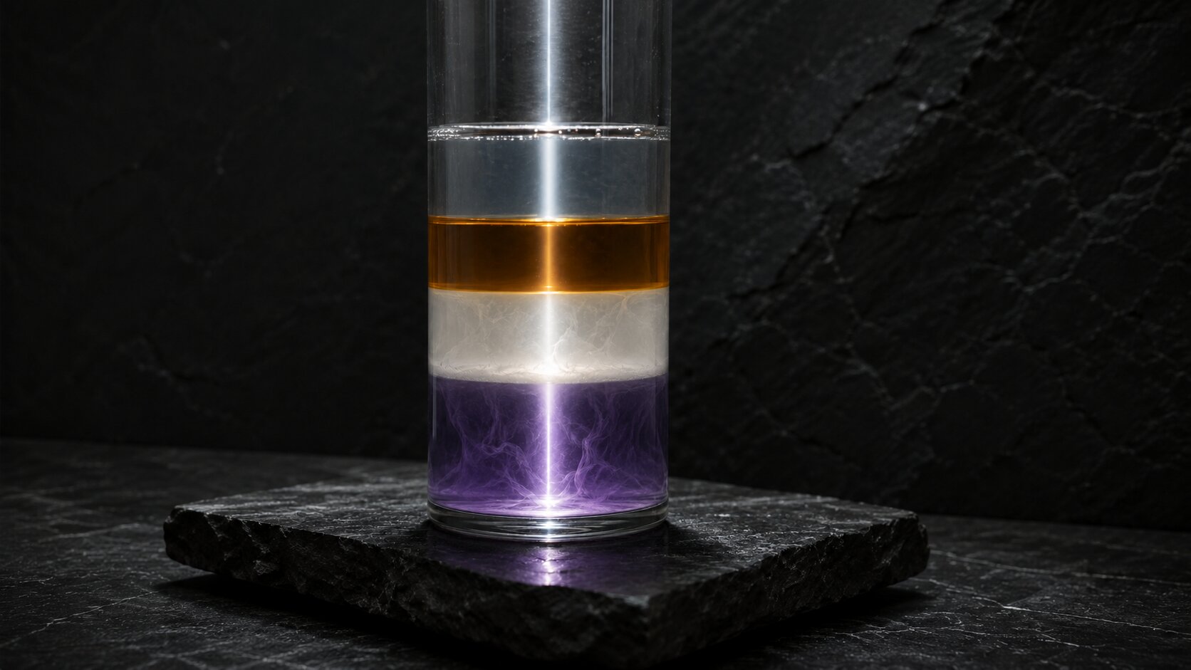 Abstract realistic glass and liquid scene showing a launch narrative becoming clearer through stages