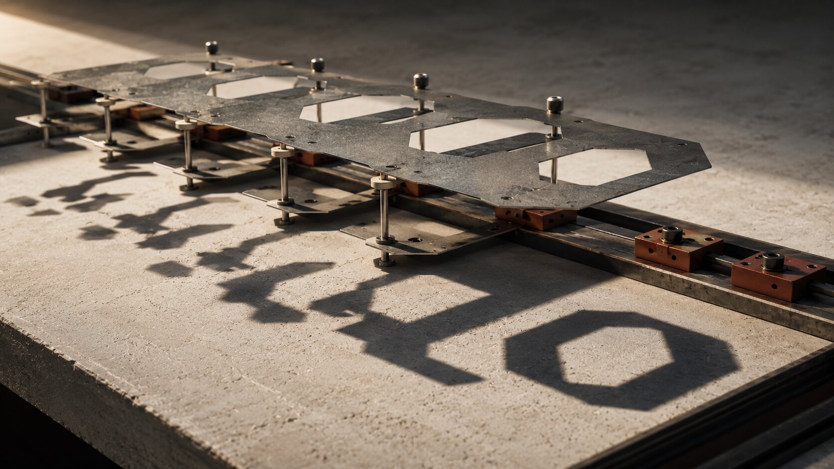 Precisely aligned metal layers transform a fragmented beam into one clear functional shadow, representing the decision to communicate one product benefit at a time.