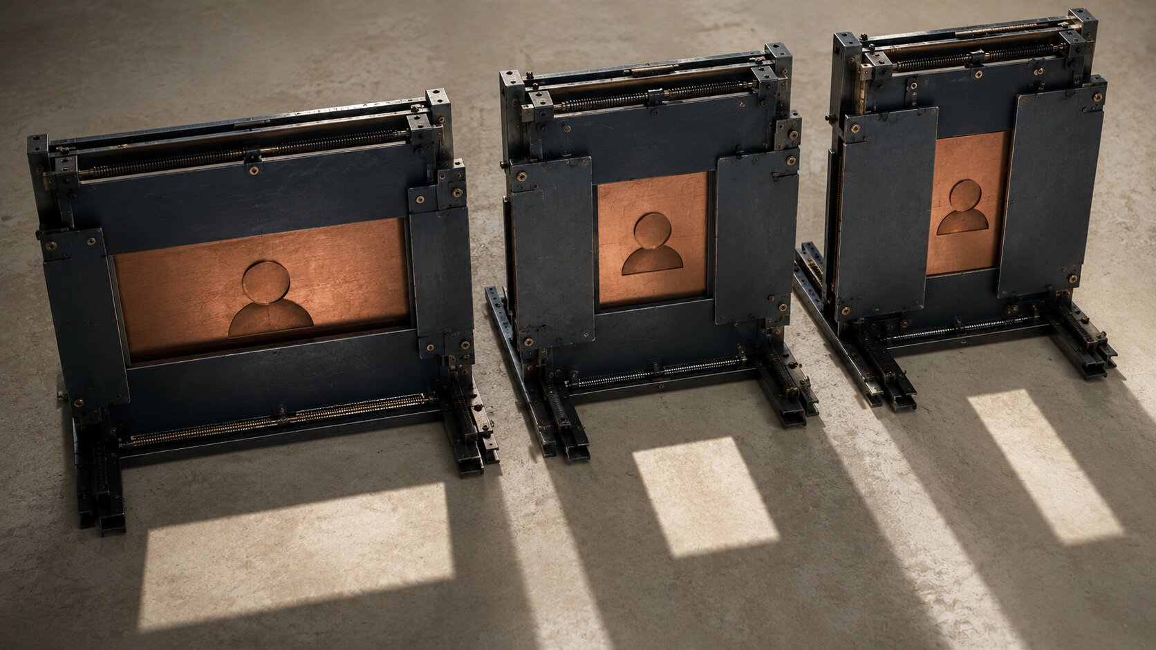 Several mechanical shutters reshape one consistent illuminated subject into different proportions, representing the adaptation of one product story for multiple publishing formats.
