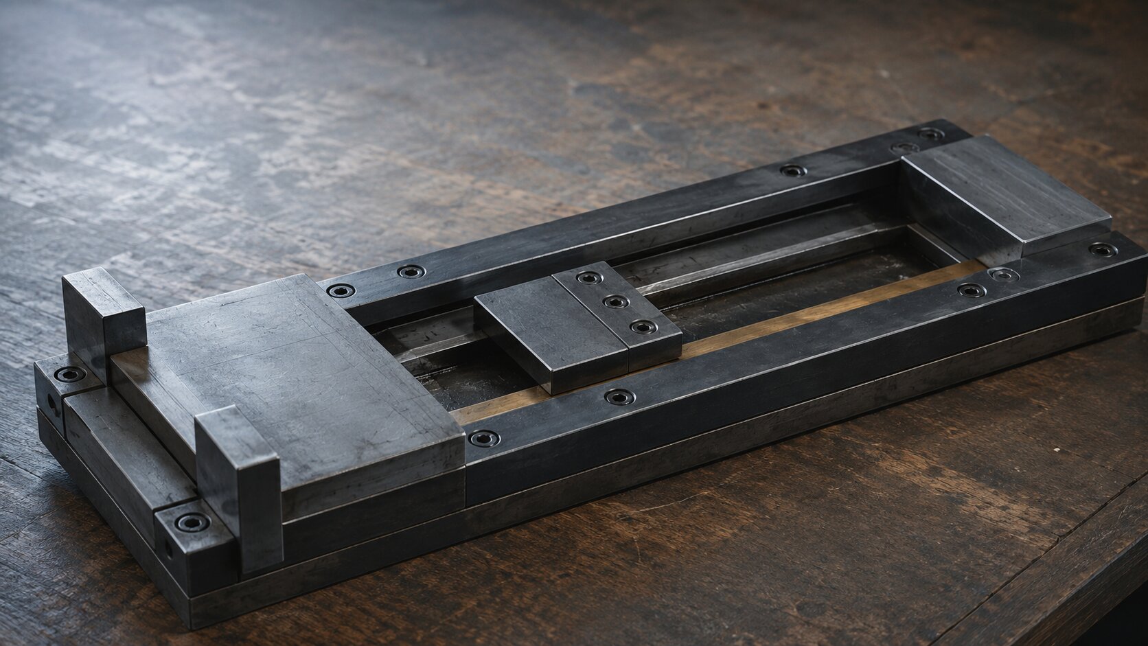A precision steel alignment jig combines fixed reference stops with one adjustable guide, representing creative decisions that must be locked while leaving controlled room for exploration.