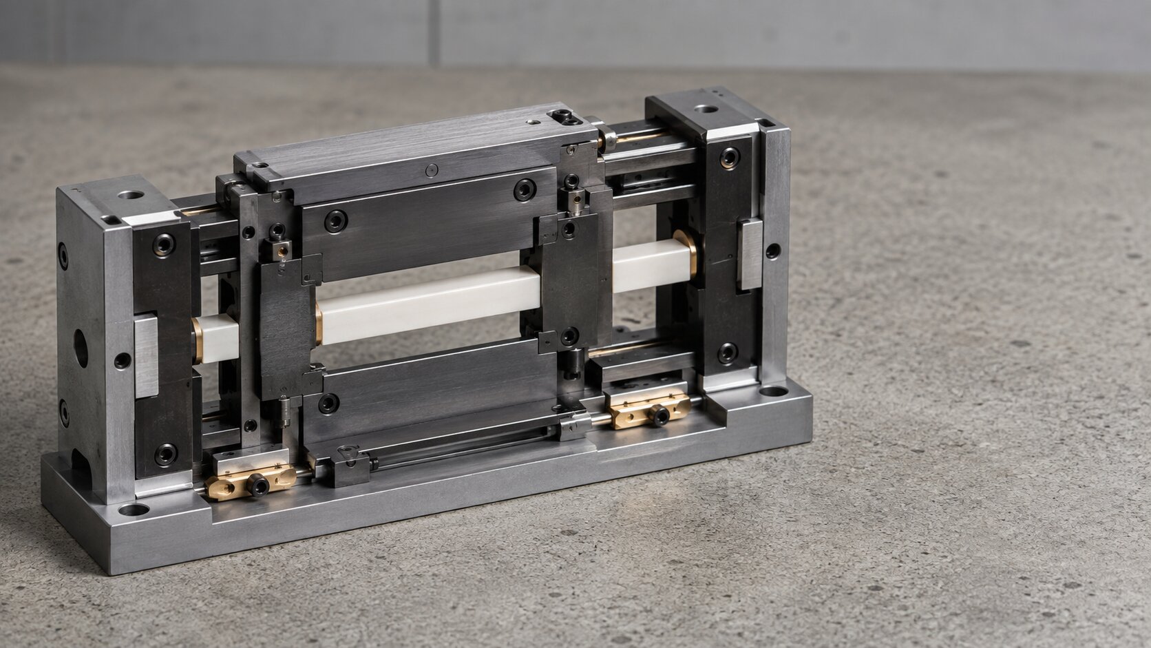 A precision calibration fixture holds one fixed ceramic datum bar while its outer framing mechanism changes around it, representing verified data staying unchanged as visual presentation evolves.