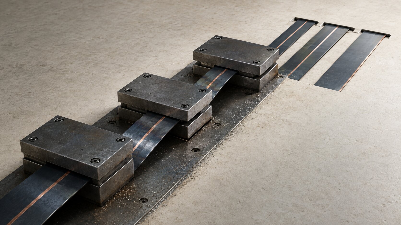 A spring-steel ribbon drifts away from its copper alignment ridge after passing a weakened magnetic guide, showing how one small workflow failure alters every later output.