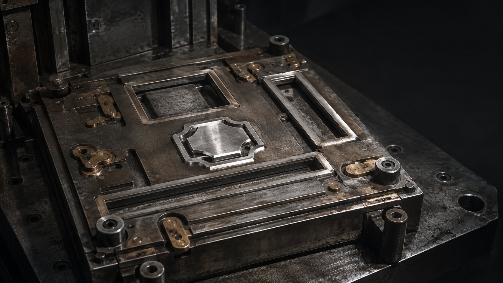 A worn precision die with one fixed central form and adjustable outer guides represents an approved anchor asset controlling every later campaign variation.