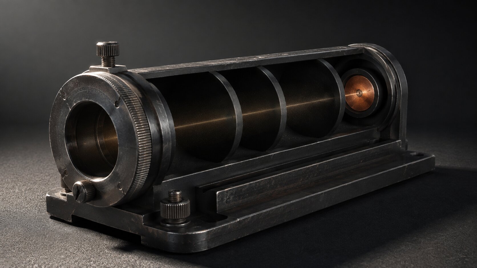 A rugged optical collimator absorbs scattered light and directs one narrow beam onto a copper target, representing the need for every visual element to support one clear message.