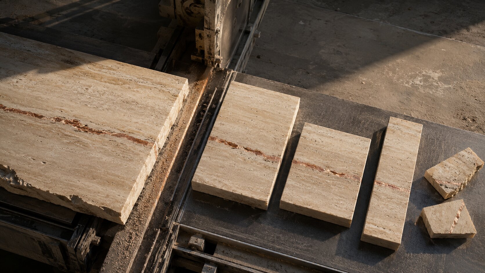 A continuous copper mineral seam remains visible through three differently proportioned stone sections, representing proof preserved across every publishing format.