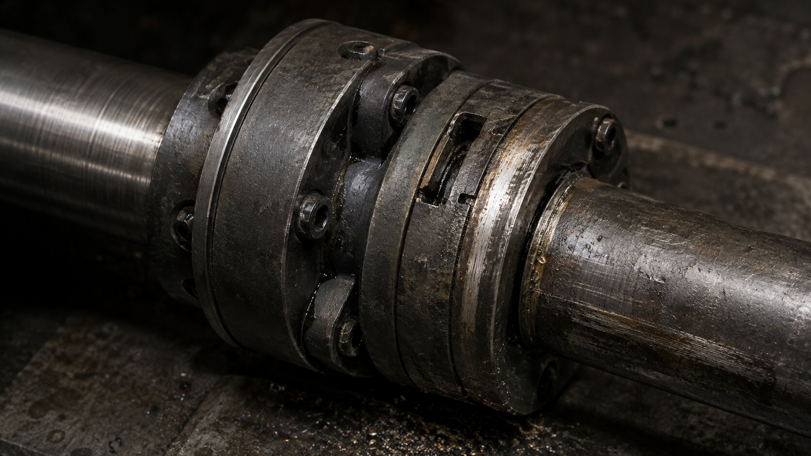 A worn steel transfer coupling slips between two aligned shafts because one locking key is missing, representing a creative handoff that passes work forward without preserving control or context.