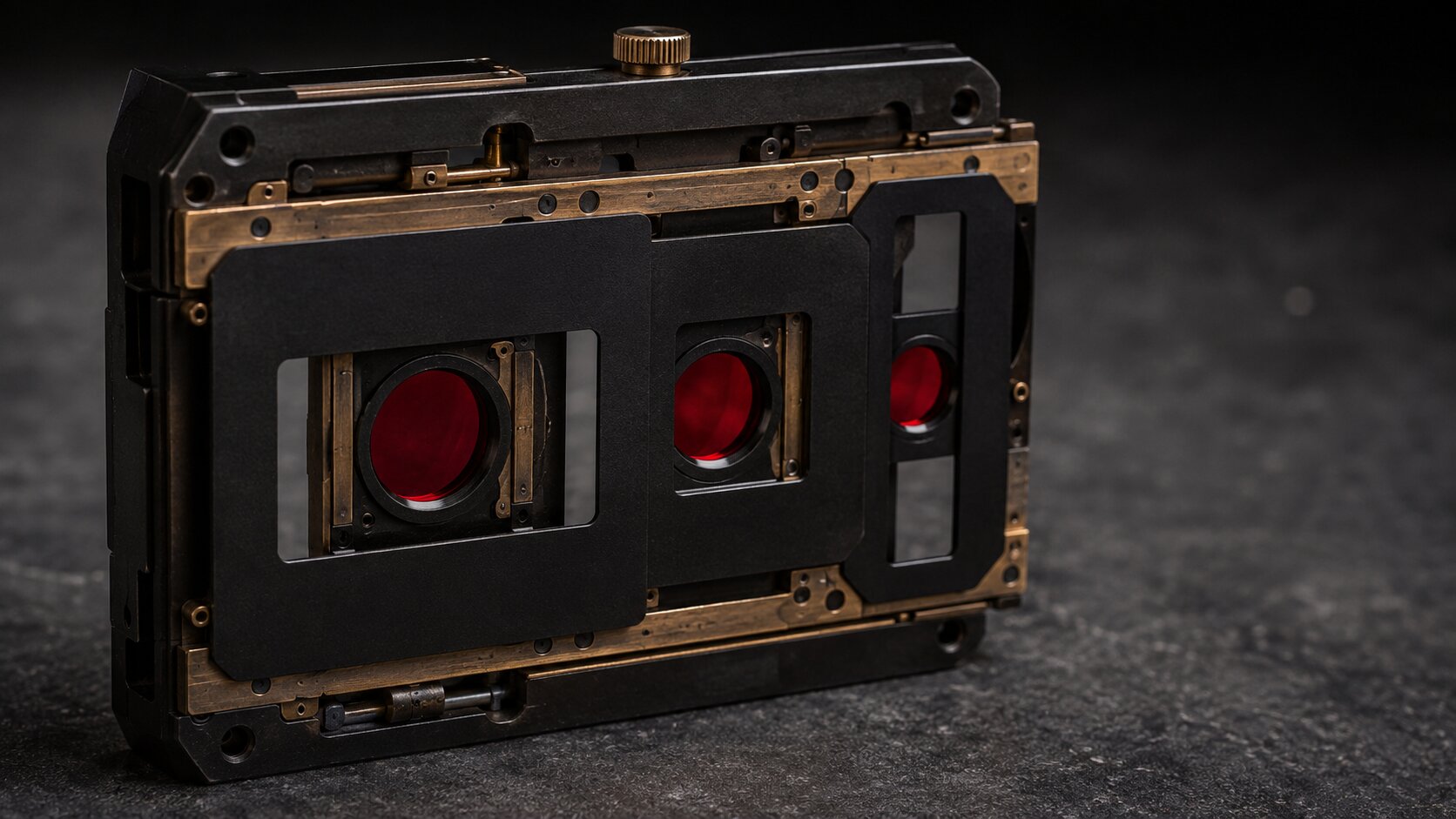 A precision aperture mechanism keeps one red focal element visible through several framing shapes, representing a hero visual that remains recognizable across campaign formats.