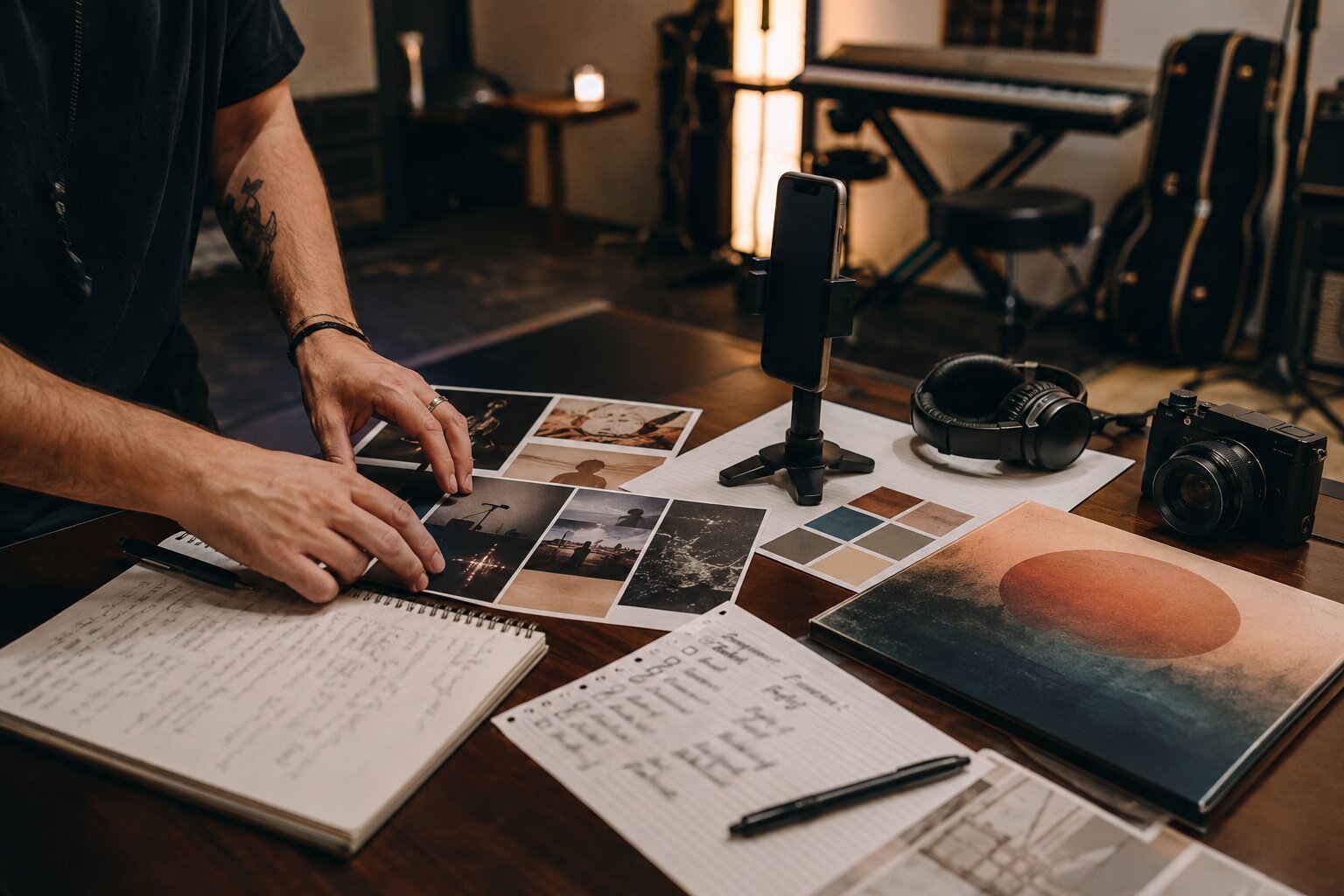Pre-release music marketing creative kit with lyrics, mood references, phone setup, and campaign planning materials