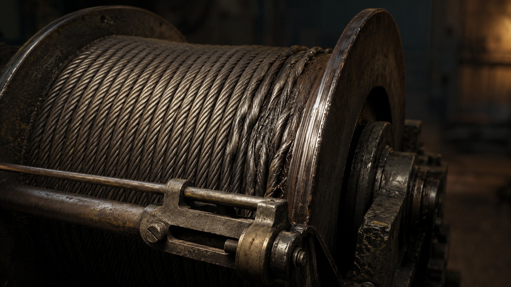 A misaligned industrial cable drum has gradually crushed and frayed its own steel cable, showing how a small unresolved problem can create a larger and more costly loss.
