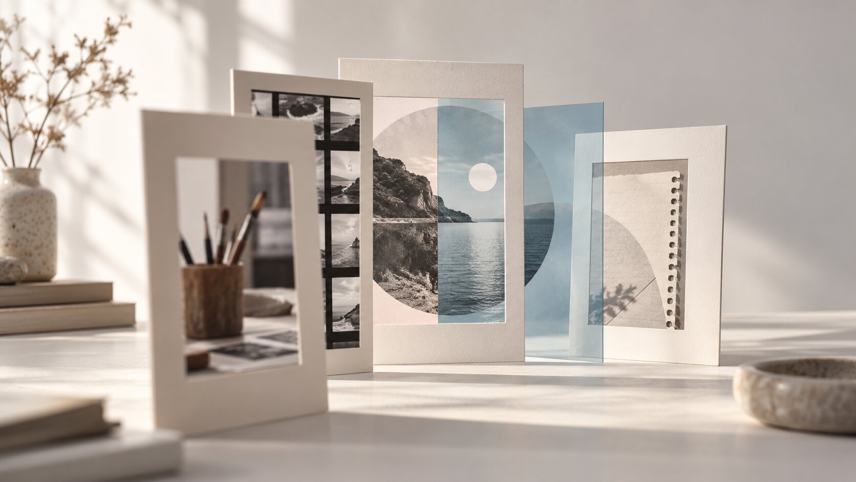 A series of familiar photographic frames gradually reveals one unexpected shared image, suggesting how a new product category becomes understandable through recognizable visual references.