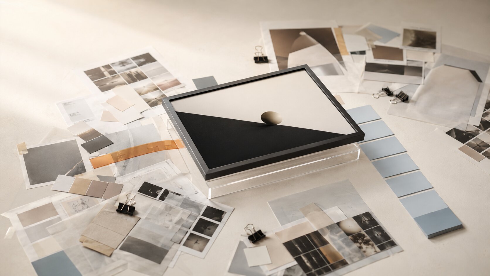 A single sharply framed project image rises above a scattered field of overlapping prints and translucent notes, representing an executive update that extracts the most important signal from complex project information.