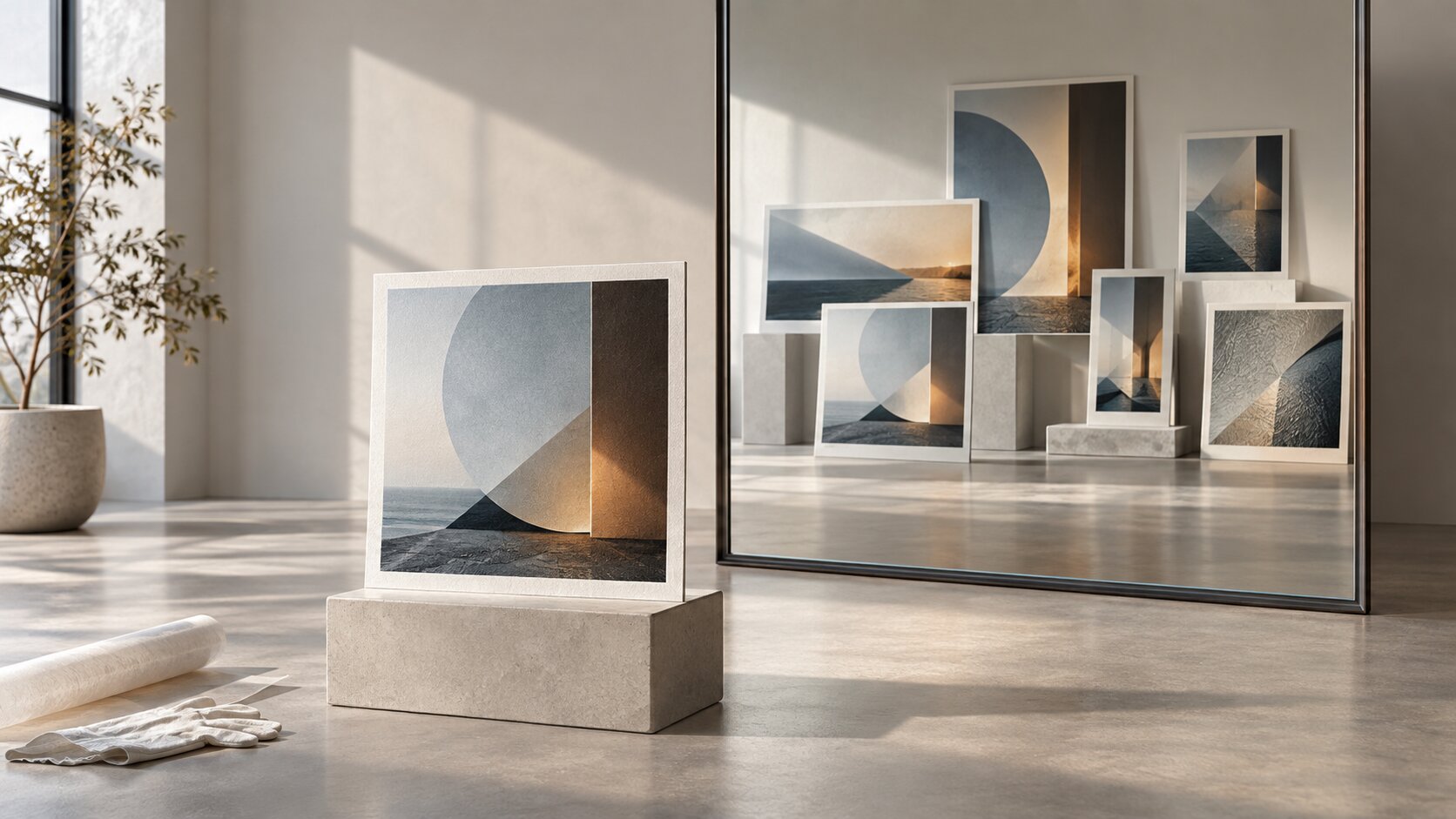 A single finished campaign image faces a large mirror whose reflection reveals an expanded family of coordinated creative formats.