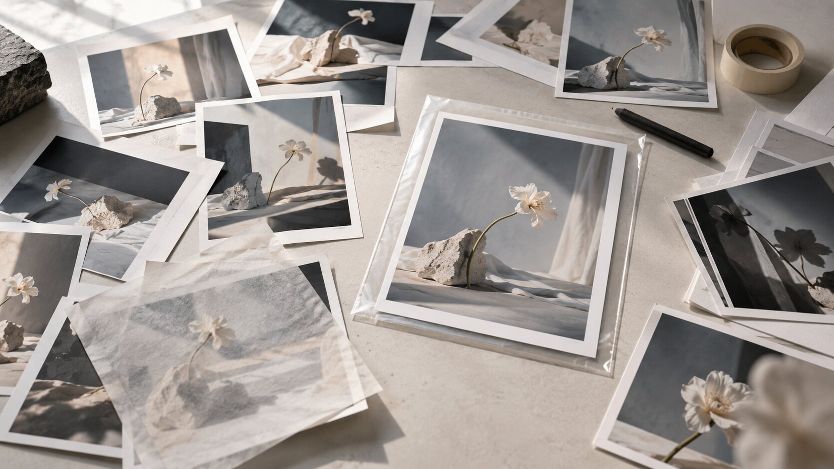 A finished photographic print sealed inside a clear archival sleeve while many near-identical creative variations remain loose around it.