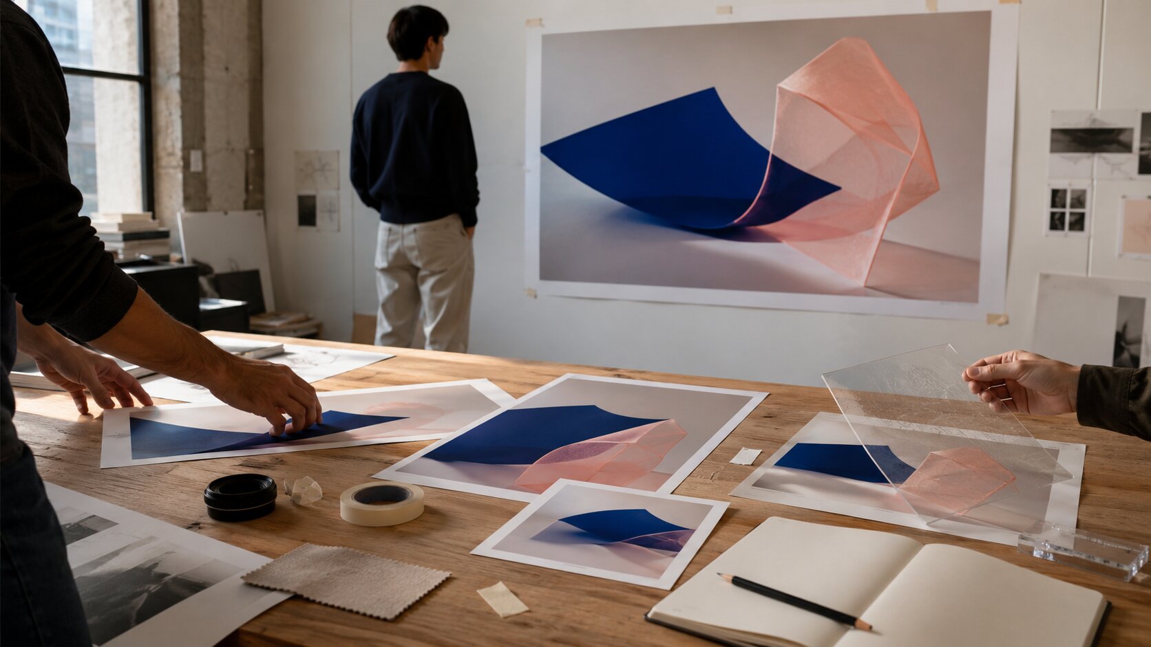 A creative studio shows one central visual concept being considered at different scales, from the full campaign view to format variations and close design details.