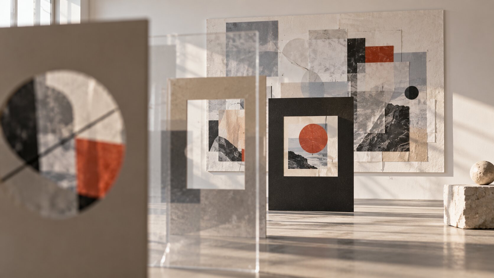 A complex layered image becomes easier to understand as it passes through a sequence of physical framing windows.