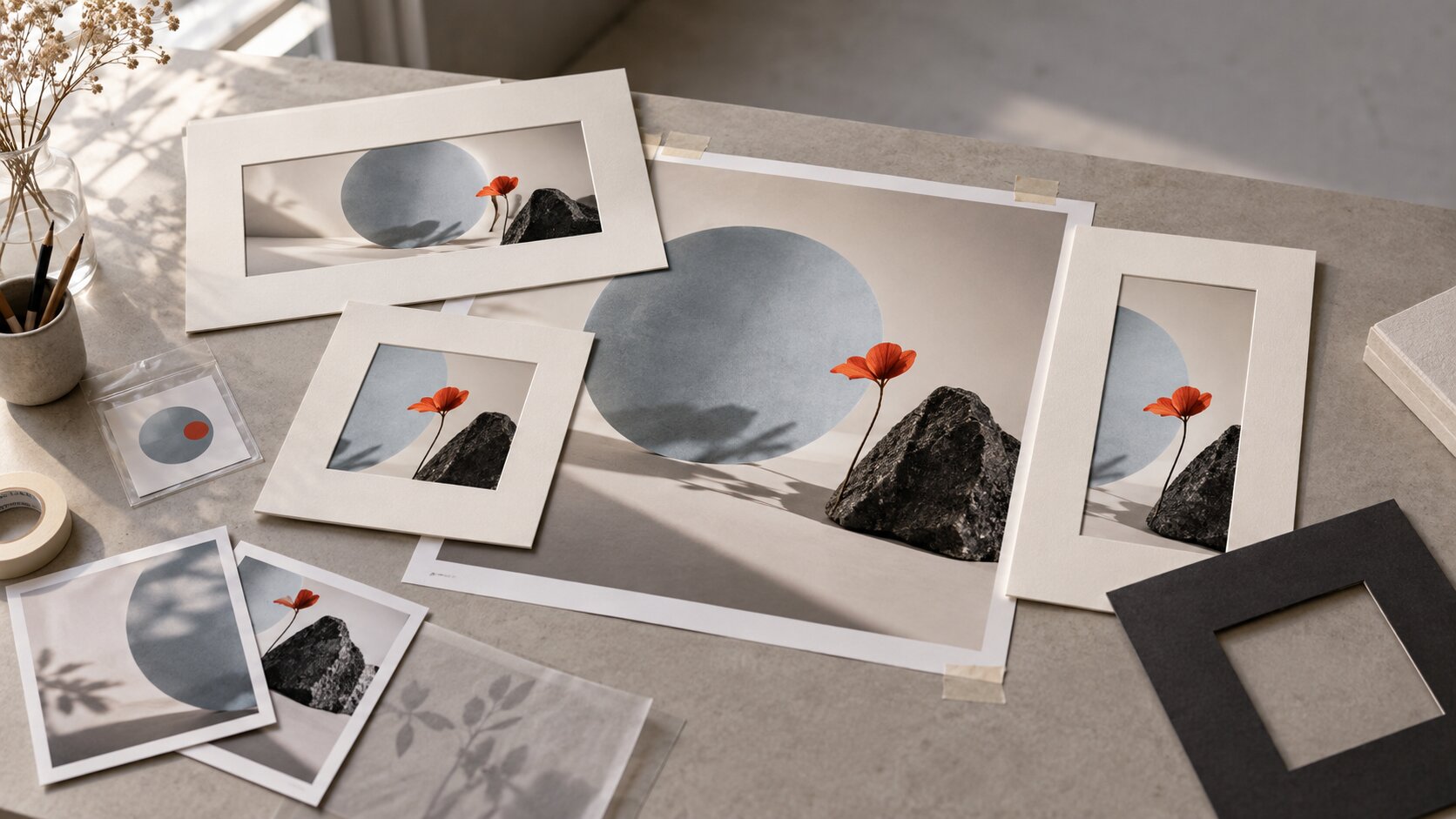 A single launch photograph is viewed through several differently shaped framing mats, creating usable landscape, square, and portrait compositions from one visual direction.