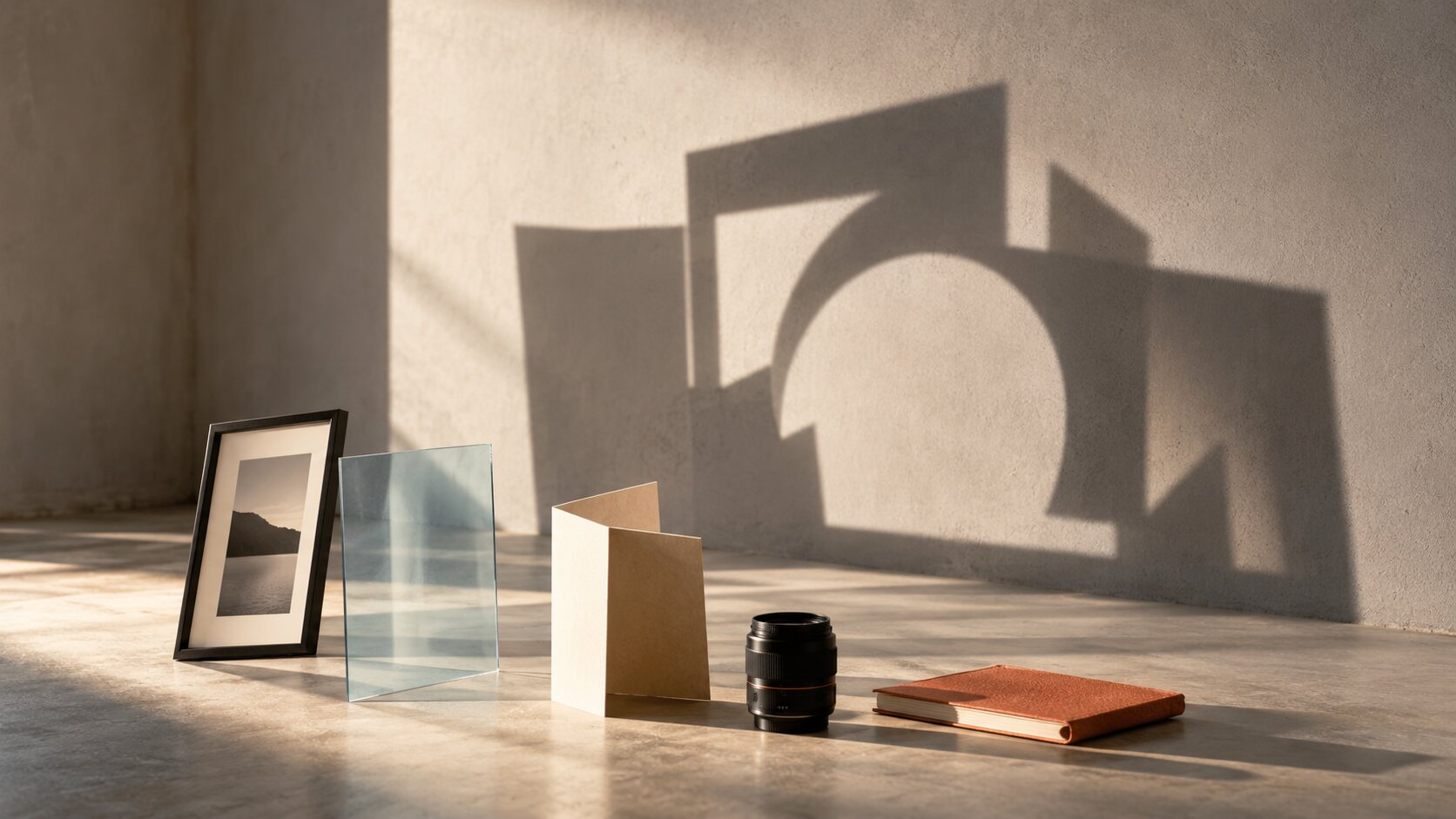 Several familiar creative objects cast separate shadows until one projected light causes them to form a single unexpected silhouette, representing a new product category emerging from known parts.
